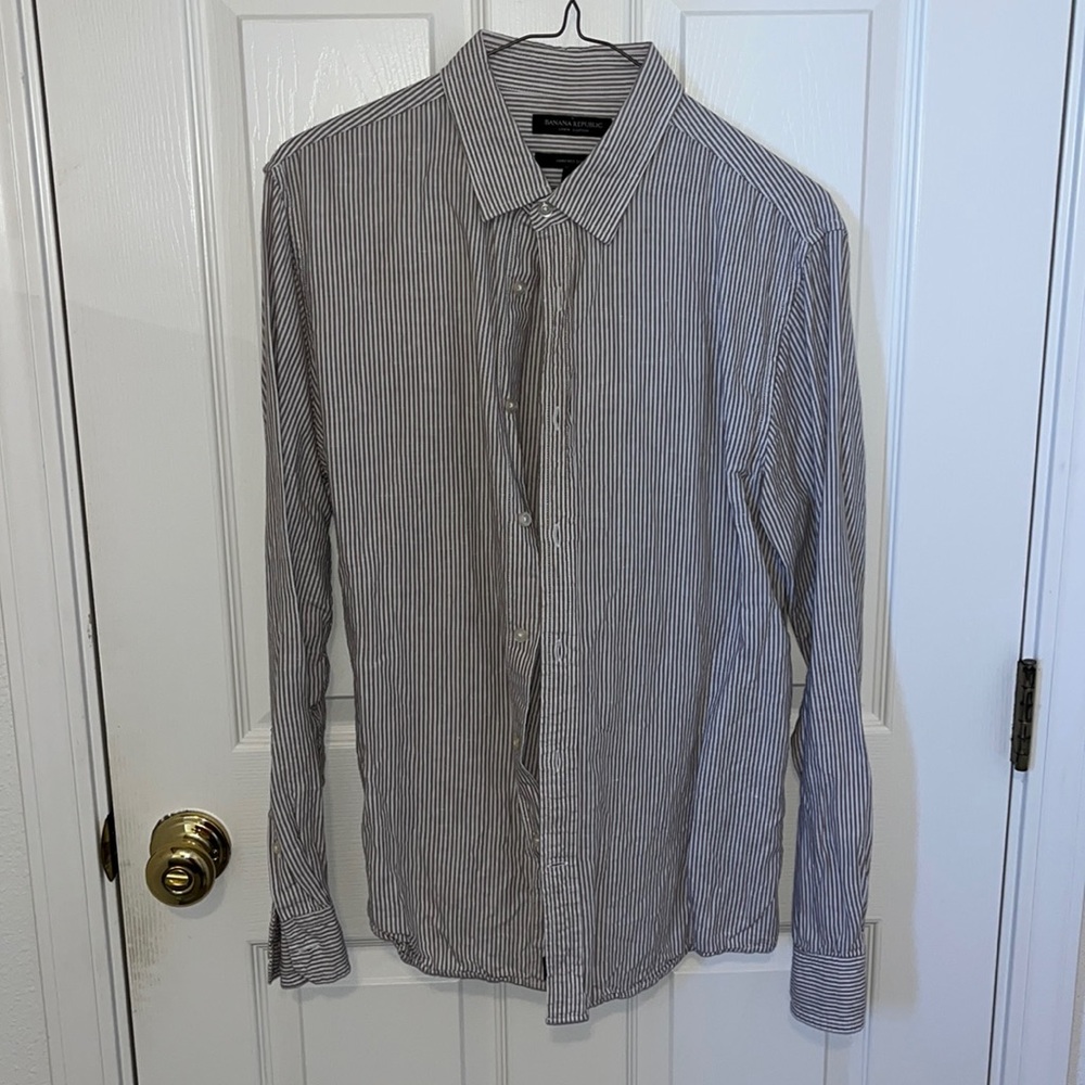 Banana Republic Men’s Brown White Striped Shirt Untucked Slim Fit Linen Long Sle